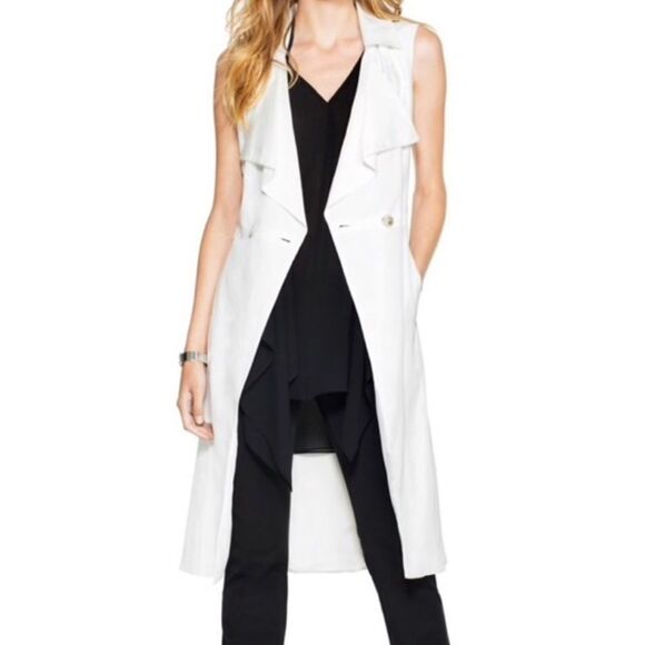 White House Black Market luster twill white sleeves trench coat size medium NWT - Picture 2 of 12